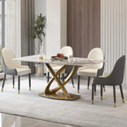 Table de salle à manger de 180 cm, Table de salle à manger moderne pour 8 personnes, en pierre frittée blanc antique avec pied piédestal en acier inoxydable doré